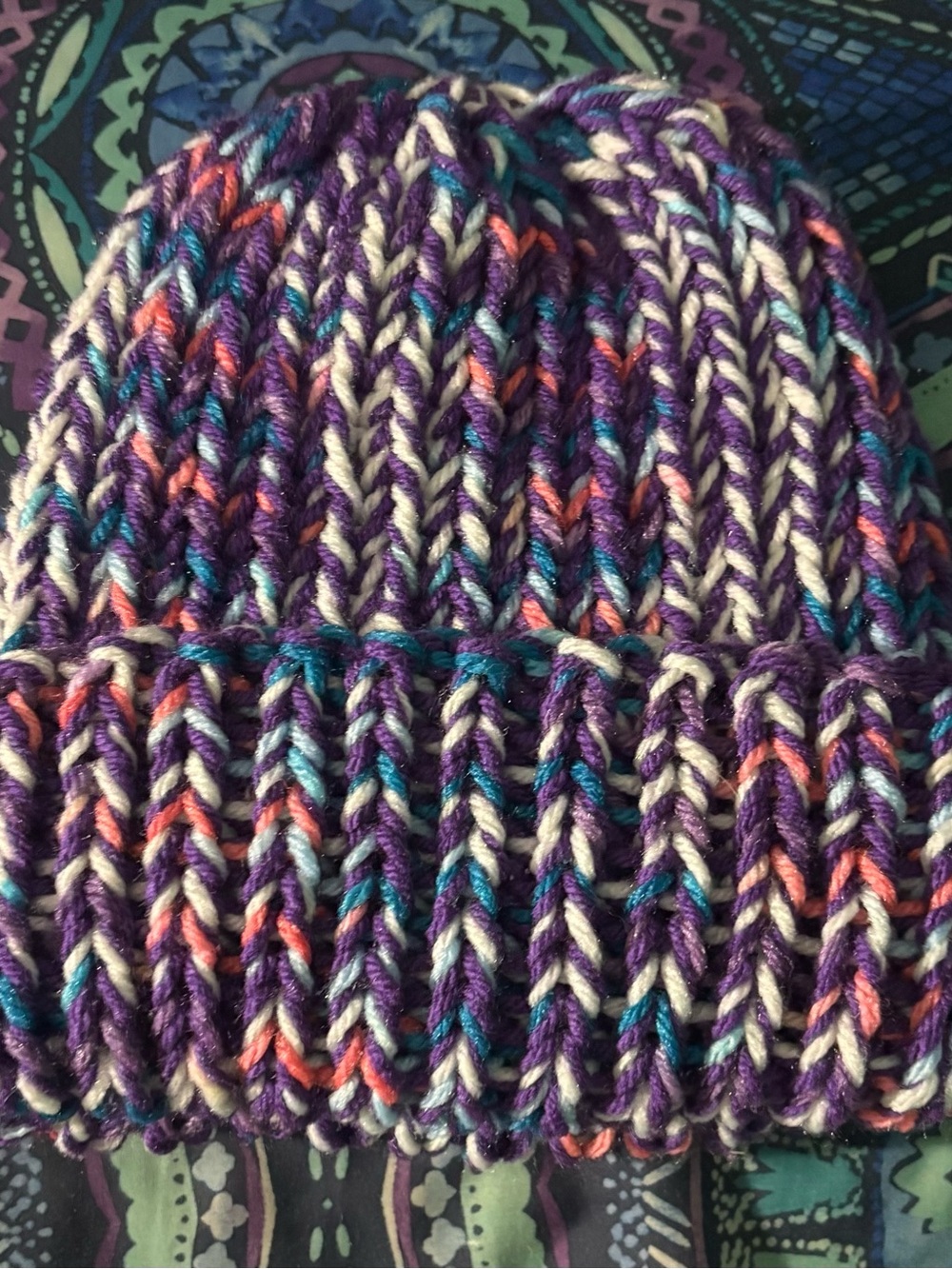 Chunky Knit Beanie in Purple with Multicolor Accents